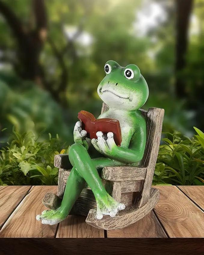iStatue Miniature Solar Frog Reading Book Figurine Light - 5.5'' Resin Chair Statue Outdoor Table Decor for Lawn Ornaments, Patio, Yard & Garden and Home by GreenHaven Gardens