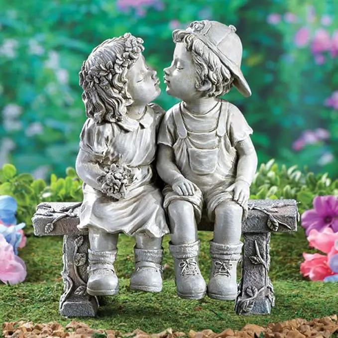 Collections Etc First Kiss, Puppy Love, Kissing Couple Garden Sculpture, 8 1/4" L x 4 3/4" W x 9" H by GreenHaven Gardens