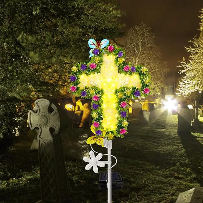 YJFWAL Solar Flowers Cross Garden Stake Lights, Yard Solar Lights Cemetery Decorations for Grave Outdoor Jesus Cross Sympathy Memorial Gifts for Grandmother, Garden Yard Lawn Patio Pathway by GreenHaven Gardens