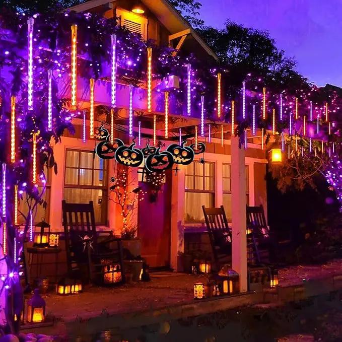 Orange Christmas Meteor Shower Rain Lights, 10 Tube 360 LED 12 Inch Outdoor String Lights, Falling Rain Raindrop Light for Halloween Tree Patio Garden Roof Eaves Decor Waterproof Plug by GreenHaven Gardens