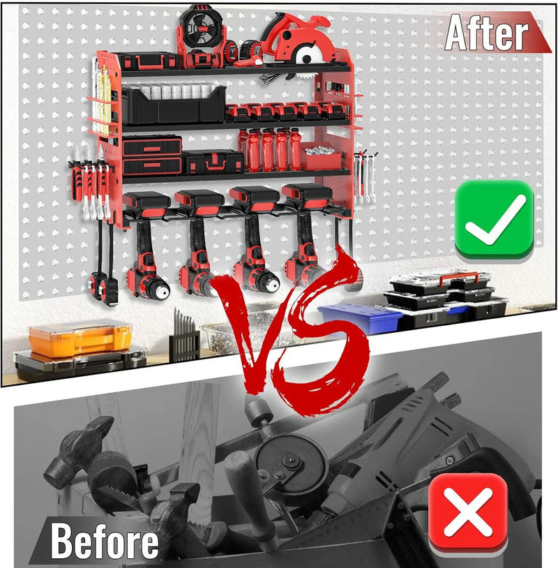 Power Tool Organizer Wall Mount, Red Metal Power Tool Storage Rack with Screwdriver Holder, Garage Tool Storage Shelves with Screwdriver Holder Plier Holder (Red, 4 Drills Holder) by GreenHaven Gardens