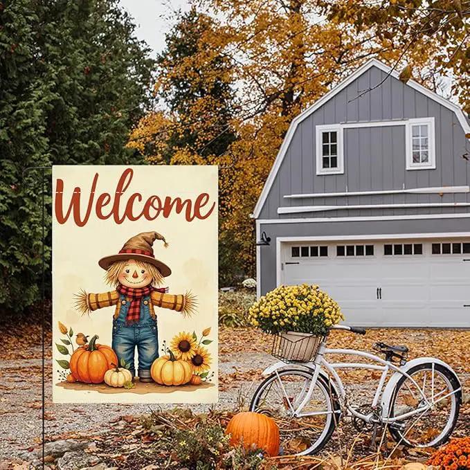 Fall Welcome Garden Flag Autumn Thanksgiving Scarecrow Garden Flag 12x18 inch Double Sided Fall Thankful Flags Holiday Decorations for Yard Lawn Patio (Flay 1810) by GreenHaven Gardens