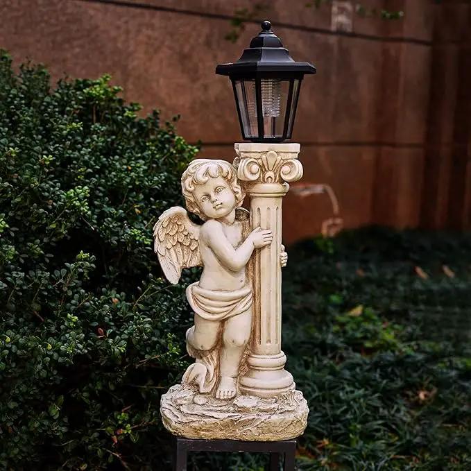 Angel Statue with Solar Lights (Left) 19.7 Inch, Solar Cherub Angel Garden Statue with Roma Pillar for Garden Decor, Porch, Patio, Yard Art Decorations, Polyresin by GreenHaven Gardens