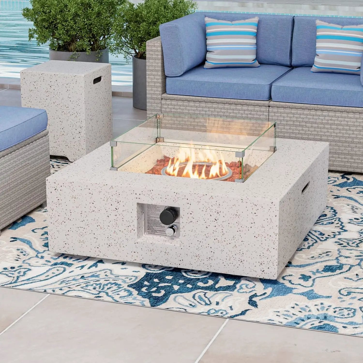 COSIEST 35-inch Square Outdoor Sandstone Propane Fire Pit w Wind Guard and Side Table, CSA Certified, 50,000 BTU Stainless Steel Burner, Free Lava Rocks and Rain Cover, Metal Lid(Beige) by GreenHaven Gardens
