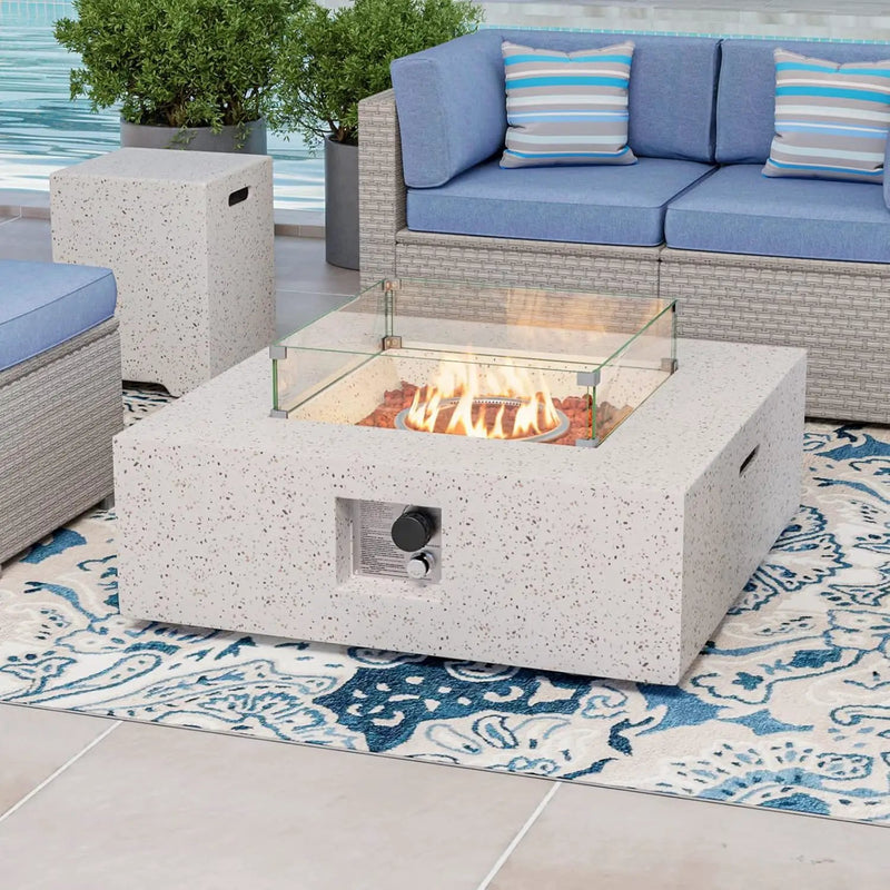COSIEST 35-inch Square Outdoor Sandstone Propane Fire Pit w Wind Guard and Side Table, CSA Certified, 50,000 BTU Stainless Steel Burner, Free Lava Rocks and Rain Cover, Metal Lid(Beige) by GreenHaven Gardens