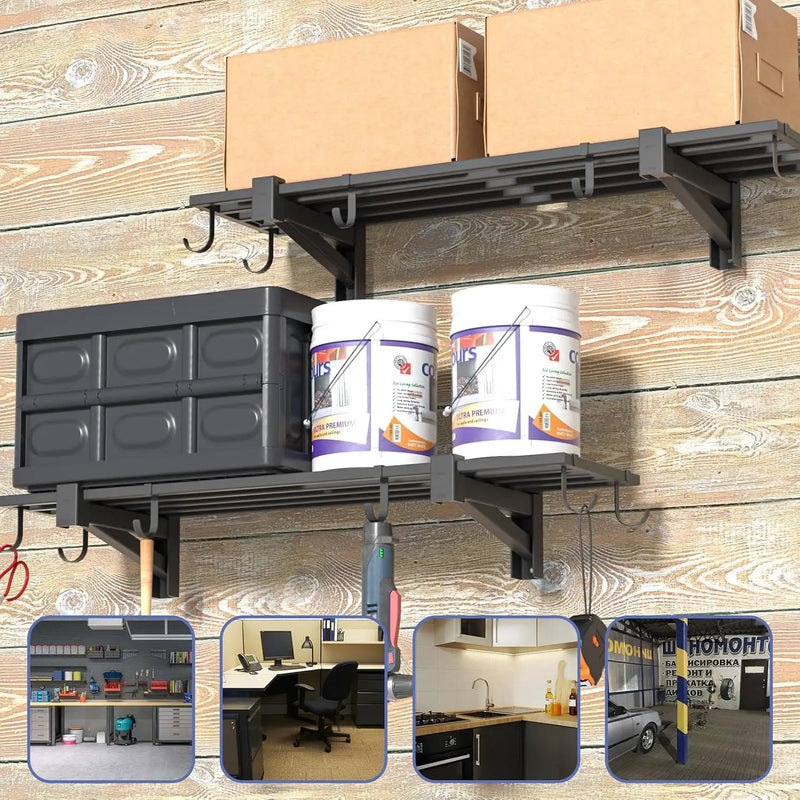 2-Pack Garage Wall Shelving, Heavy Duty Garage Storage Shelving With Hooks, Shelving Wall Mounted Holds 250 lbs Each,Black by GreenHaven Gardens