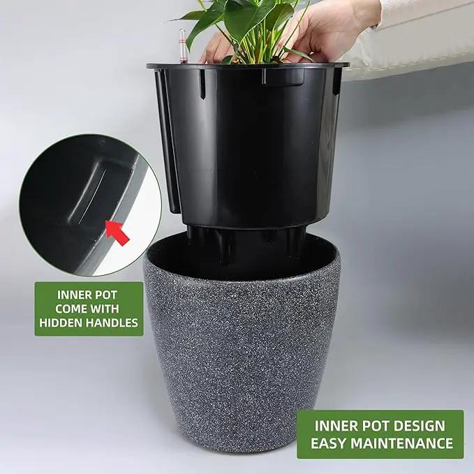 Dexceder 15x14 Self Watering Planter with Wheels Indoor Outdoor, Inner Pot Design, Thickened Large Floor Standing Flower Plant Pot with Water Level Indicator (Stone Matte) by GreenHaven Gardens