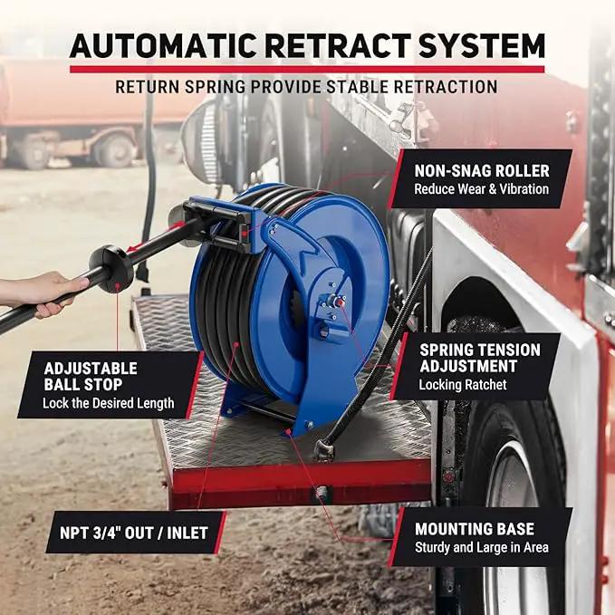 Fuel Hose Reel Retractable with Fueling Nozzle, 3/4" x 50" Heavy Duty Steel, 300PSI Industrial Auto Swivel, Spring Driven Diesel Hose Reel for Construction Farm Ship Vehicle Tank, Blue by GreenHaven Gardens