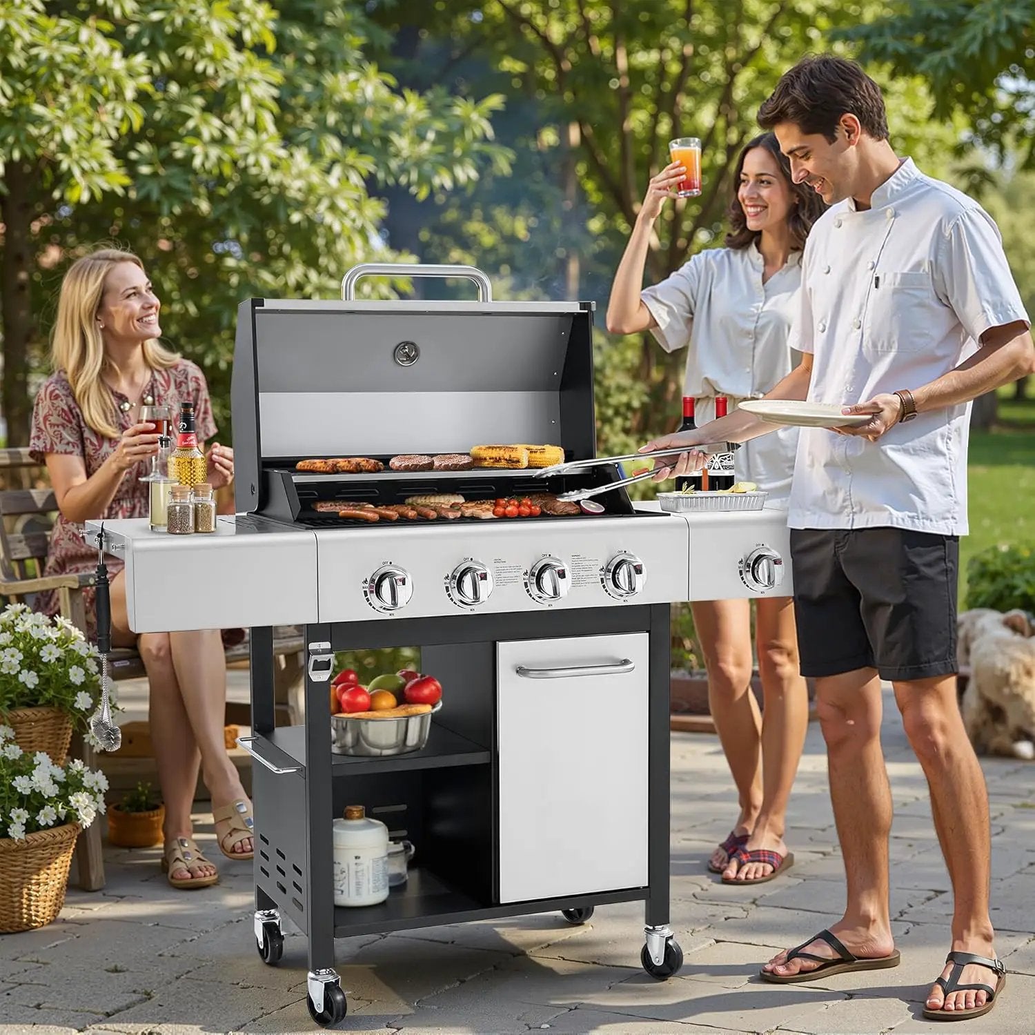 4-Burner Propane Gas Grill, Stainless Steel BBQ with 40,000 BTU, Foldable Side Shelves, Porcelain-Coated Grates, Ideal for Patio & Backyard Cooking (4&1 Burner) by GreenHaven Gardens
