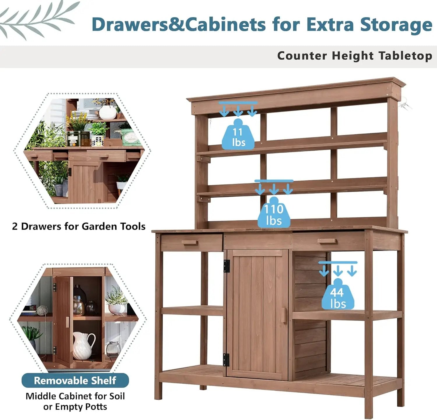 Merax 66" Large Outdoor Farmhouse Wooden Potting Bench Table, Garden Workstation with 2 Drawers, Cabinet, and Open Shelves for Backyard, Mudroom, Brown by GreenHaven Gardens