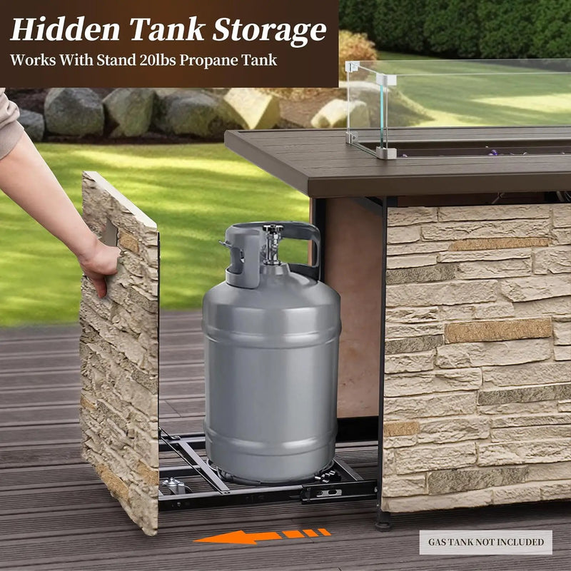 43¡± Propane Fire Pit Table Outdoor Rectangular Stone Firepit Table 50,000 Btu Propane Fire Tables for Outside Patio with Glass Wind Guard, Lid, Fire Glass Beads,Buff Rock Look by GreenHaven Gardens