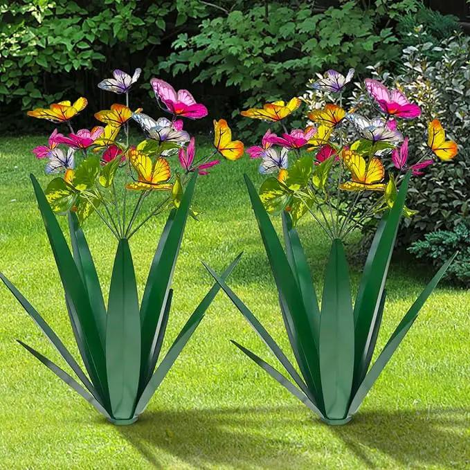 Garden Outdoor Butterfly Enlarge Thickened Wind Resistant Metal Agave Garden Art Metal Plant Country Sculpture Statue Decorations Ornaments Artificial Waterproof Butterflies(Green 2pcs) by GreenHaven Gardens