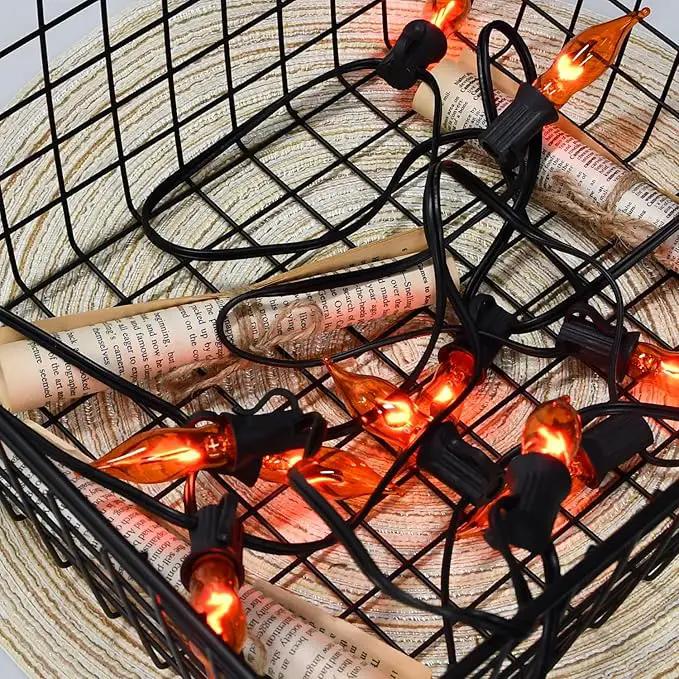 27.8Ft Halloween Decorations Flickering Flame String Lights with 27 Pack Orange Clear Flame Light Bulbs (4 Spare E12 Bulbs), Orange Christmas Lights Outdoor for Home Party Christmas Halloween Decor by GreenHaven Gardens