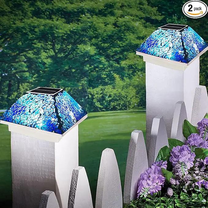 2PK Mosaic Solar Post Cap Lights Outdoor for 4x4, 3.5x3.5 Post Crackled Glass Deck Fence Lamp Weatherproof LED Light Decor in Garden, Yard, Outdoor Table, Balcony, Landscape- Cyan Blue by GreenHaven Gardens