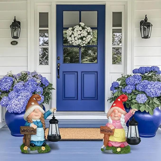 Solar Garden Gnome Statue Holding LED Lantern with Welcome Sign Outdoor Ornaments Waterproof Christmas Decoration for Outside Patio Yard Lawn Decor (Pink) by GreenHaven Gardens