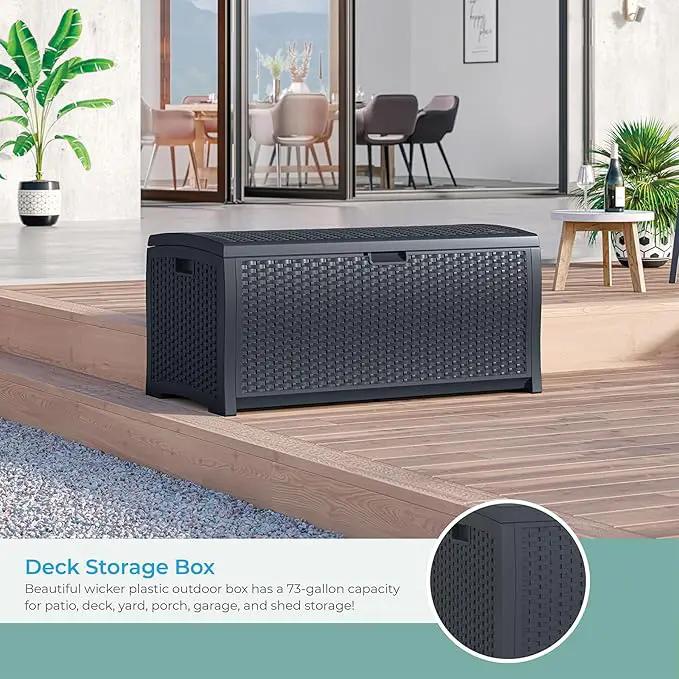 Suncast 73 Gallon Medium Resin Wicker Indoor/Outdoor Storage Box for Garden Tools, Pool Accessories, and Patio Cushions, Cyberspace by GreenHaven Gardens