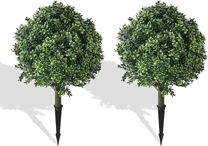 28" Artificial Boxwood Topiary Ball Trees with Ground Spike for Outdoor,Set of 2 UV Resistant Artificial Shrub Bushes,Artificial Plants,Fake Boxwood Plants for Indoor, Garden, Yard,Patio Décor by GreenHaven Gardens