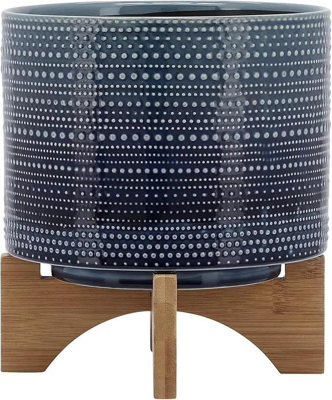 Sagebrook Home Textured Ceramic Planter with Wood Stand, Elevated Indoor/Outdoor Planter, Blue with Gray Dots, 8 L x 8 W x 10 H by GreenHaven Gardens