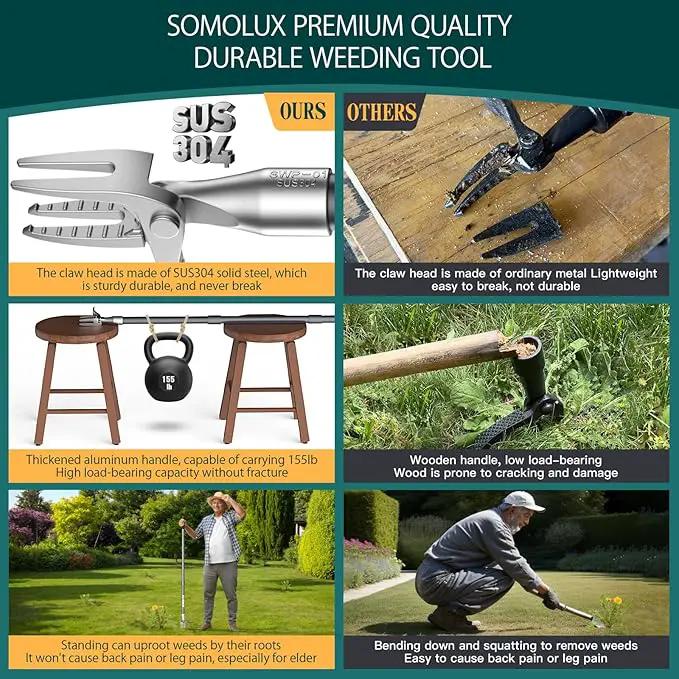 SOMOLUX 52'' Weed Puller Tool Stand-up Weeder with Metal Long Handle/Stainless Steel Claw, Gardening Manual Tool Weed Gripper/Picker/Remover No Bending/Kneeling to Remove Dandelion Form Lawn Patio by GreenHaven Gardens