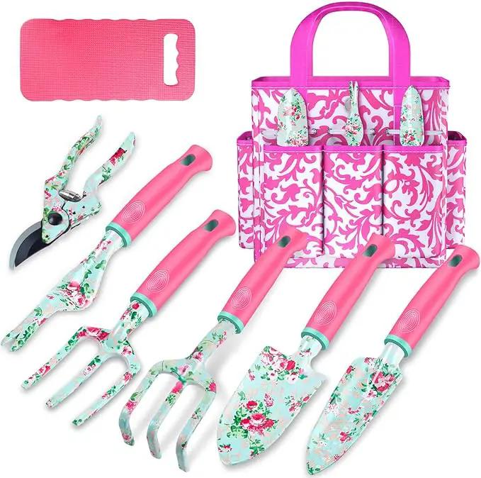 Gardening Tools, 8 Pcs Heavy Duty Floral Garden Tool Set Birthday Gifts for Women WANCHI Rose Red Gardening Kit (Garden Tool Bag Kneeling Pad Weeder Fork Hand Rake Pruning Shears Trowel Transplanter) by GreenHaven Gardens