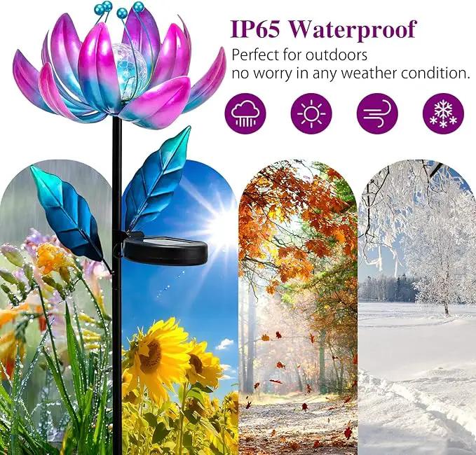 Solar Purple Metal Flower Wind Spinners, Colorful Spinning Windmill Lotus Yard Art Lights Wind Pinwheels with LED Crystal Ball Decorative Stake Lighting Flower Sculpture by GreenHaven Gardens