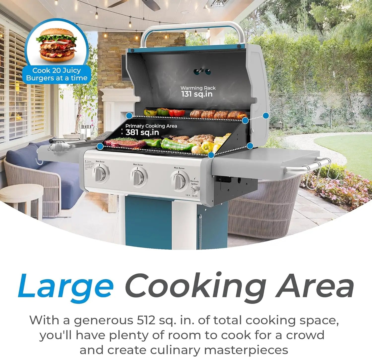 Kenmore 3-Burner Propane BBQ Grill, 30,000 BTUs Gas Grill with Cast Iron Cooking Grates, Folding Side Tables & Wheels, Outdoor Grill with Tool Hooks, Teal by GreenHaven Gardens