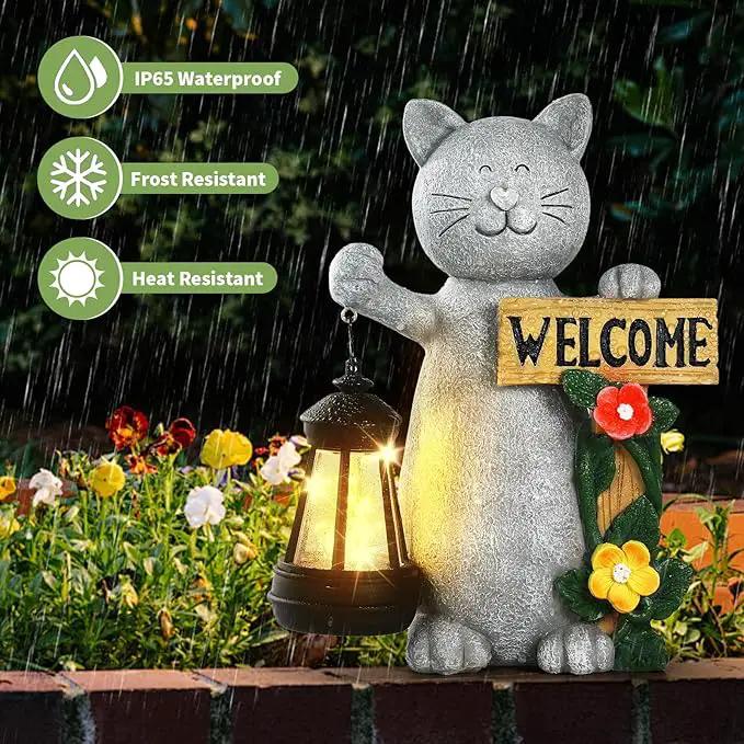 Json Garden Statue Solar Cat Figurine with Lantern, 10" Resin Kitten Outdoor Lawn Porch Yard Art, Lighted Christmas Birthday Gifts for Mom Grandma by GreenHaven Gardens