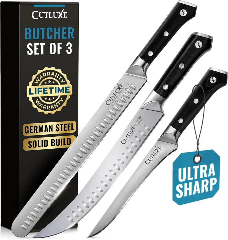 Cutluxe Butcher Knife Set – BBQ Brisket, Breaking & Boning Knife – Slicing Carving Knife Set for Meat Cutting, Ultra Sharp German Steel, Full Tang, Ergonomic Handles – Artisan Series by GreenHaven Gardens