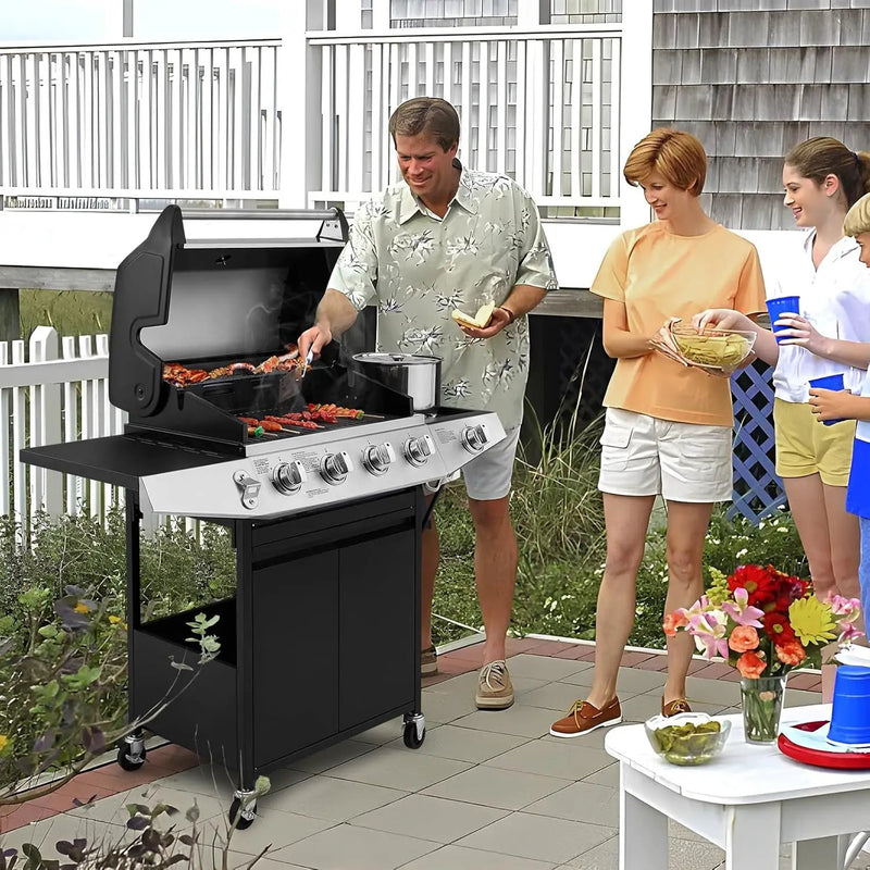 4 Burners Gas Grill with Side Burner, Propane Grill with Wheels and Storage, Outdoor Gas BBQ with Oil Tray and Thermometer for Patio and Party, 49200 BTU by GreenHaven Gardens
