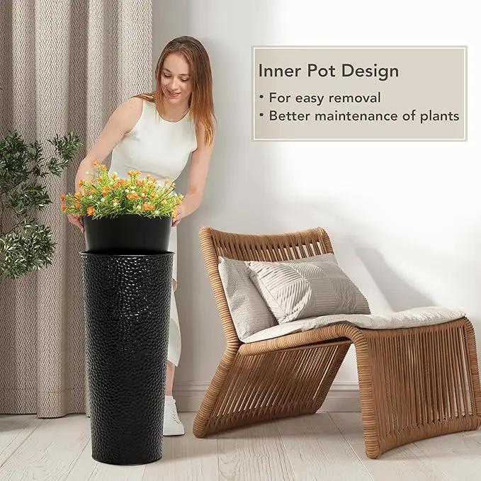 KOL 28" H. Tall Metal Cone Planters with Inside Pots 2-Pack, Black Hand-Hammered Large Decor Planter for Deck, Patio, Porch - Handcrafted Flower Pot - with Water Level Indicator - Indoor Outdoor Use by GreenHaven Gardens