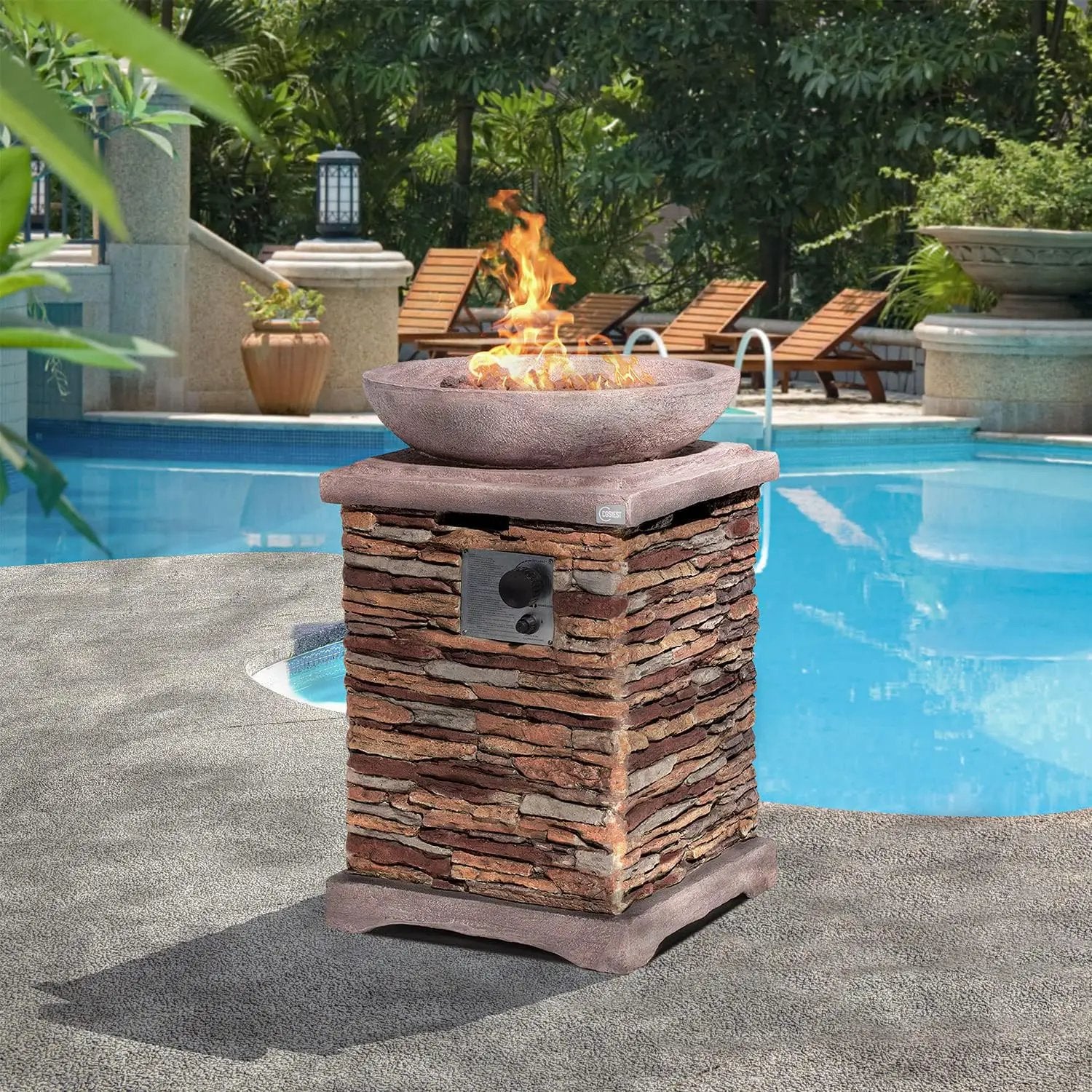 COSIEST Outdoor Propane Fire Pit Table w Faux Brown Compact Ledge Stone 20" Square Base and Faux Rose-Marble Round Bowl, CSA Certified, 40,000 BTU, Free Lava Rocks, Fits 20lb Tank Inside, Raincover by GreenHaven Gardens