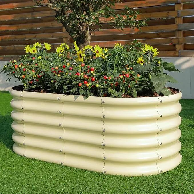 Land Guard 18“ Tall Outdoor Metal Raised Garden Bed, Oval Deep Root Planter Box for Vegetables, Flowers, Herbs, 89 Gallon Capacity - Cream Yellow by GreenHaven Gardens
