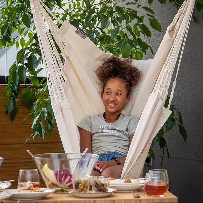 LA SIESTA - Large Comfort Habana Cotton Hammock Chair & Stand - Indoor/Outdoor Hanging Chair Swing for Bedroom, Porch, Balcony - Boho Chair - Latte by GreenHaven Gardens