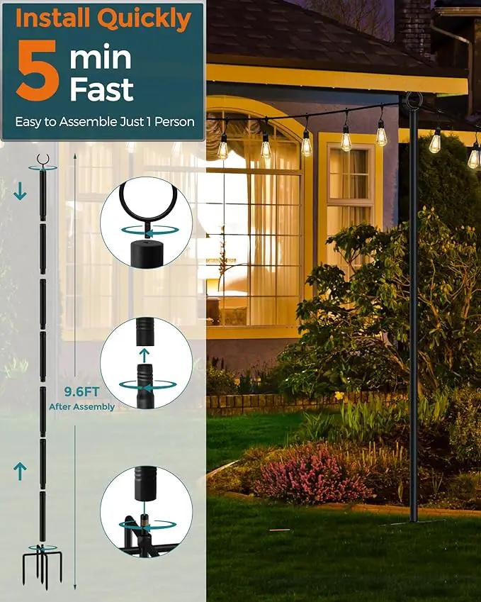LAND·VOI Metal String Light Poles for Outside Hanging - Backyard, Garden, Patio, 4 Pack Lighting Stand with Adjustable Height for Outdoor Parties, Wedding, Extra-Long 5-Prong Claws, (9.6FT) FLP04B by GreenHaven Gardens