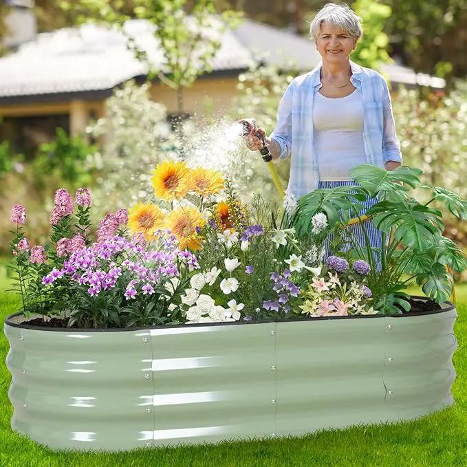 Galvanized Raised Garden Bed Outdoor - 4×2×1ft Planter Raised Beds for Gardening | Oval Metal Garden Planter Box with Safety Edging and Gloves for Vegetables Fruits Flowers - AvocadoGreen by GreenHaven Gardens