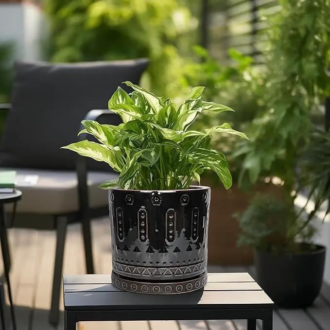 Ceramic Planter for Indoor Plants - 10 Inch Plant Pots with Drainage Hole and Saucer, Round Decorative Flower Pots Outdoor, Boho Large Planter, Room Decor, House Warming Gifts, Black by GreenHaven Gardens