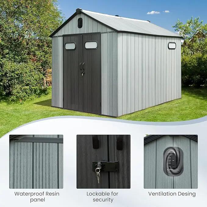 Domi 8x10 FT Outdoor Resin Storage Shed, All-Weather Double-Wall Garden Shed for Backyard, Lawn Tools, Bike, Mower & Pool Equipment with Lockable Doors, Ventilated Roof, Grey by GreenHaven Gardens
