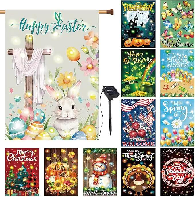 12 Pcs Solar Seasonal LED Garden Flags 28 x 40 Inch Double Sided Yard Flags Spring Easter Halloween Fall Thanksgiving Day Decorations Welcome Garden Flag Lawn Yard Outdoor Holiday Decoration by GreenHaven Gardens