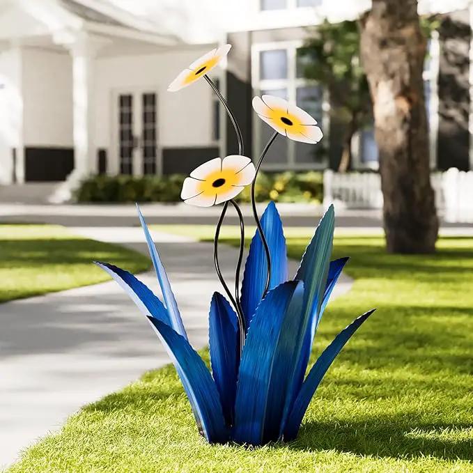 Upgraded Large Metal Yard Art, Agave Plant Yard Decorations Outdoor Sculpture, Flowers for Outside, Waterproof Outdoor Garden Decor (Blue + White Flower) by GreenHaven Gardens