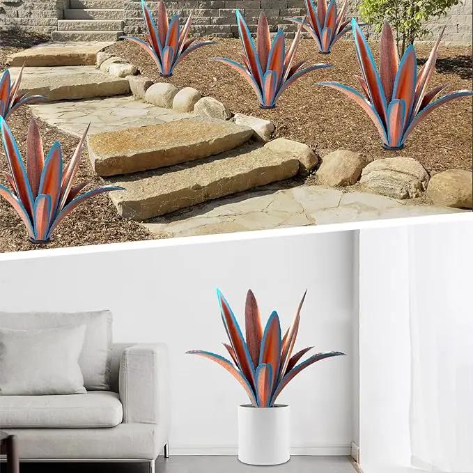 Enlarge thickened Wind Resistant Metal Agave Garden Art Metal Plant Country Garden Sculpture Statue Outdoor decoration Agave Metal Plant Courtyard Garden Lawn Ornament Gift (2, 12 Leaves blue) by GreenHaven Gardens