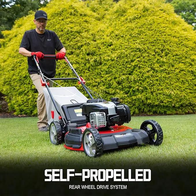 PowerSmart Self Propelled Gas Lawn Mower, 22-Inch with 140cc Briggs and Stratton E550 Engine 3-in-1 Rear-Wheel Drive Lawnmower with Bagging by GreenHaven Gardens