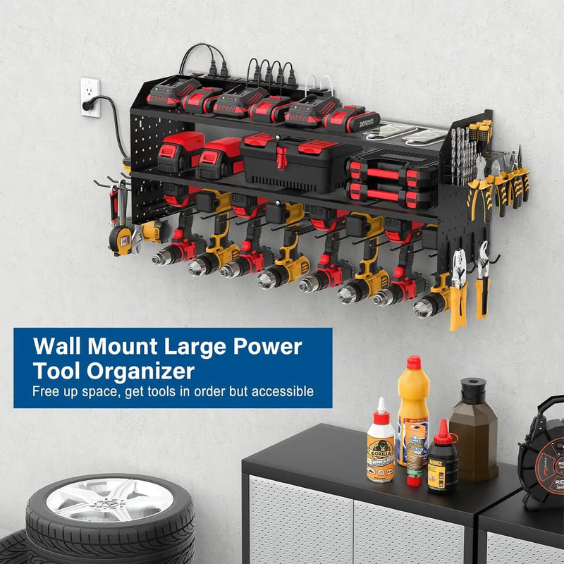 JUNNUJ Large Power Tool Organizer Wall Mount with Charging Station. Garage 8 Drill Holder Tools Battery Storage Shelf, Heavy Duty Utility Storage Rack Built in 8 Outlet 3 USB 10 FT Power Strip by GreenHaven Gardens