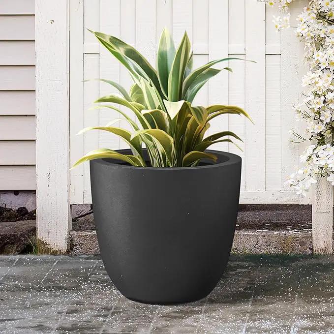 Kante 18 Inch Dia Round Concrete Planter, Indoor Outdoor Large Plant Pot with Drainage Hole and Rubber Plug for Home Patio Garden, Black by GreenHaven Gardens