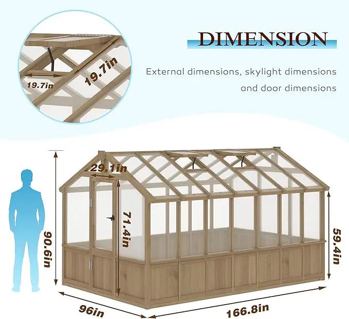 8x14 FT Outdoor Greenhouse Kit, 6MM Thick Polycarbonate Panel Wooden Walk-in Green House with Adjustable Roof Vents & Roof Vents, Backyard Garden, Light Mocha Brown by GreenHaven Gardens