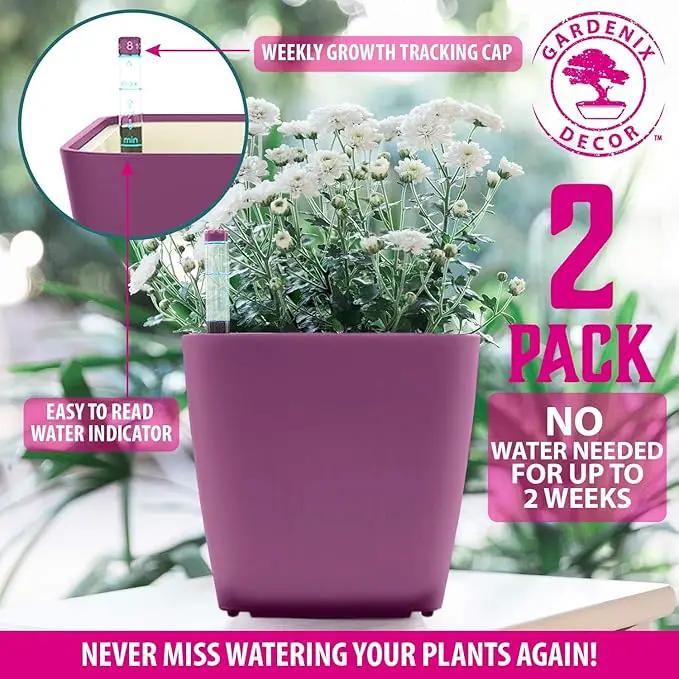 GARDENIX DECOR 5" Self Watering pots for Indoor Plants - Flower Pot with Water Level Indicator for Plants, Grow Tracking Tool - Self Watering Planter Plant Pot – 2 Pack Purple by GreenHaven Gardens