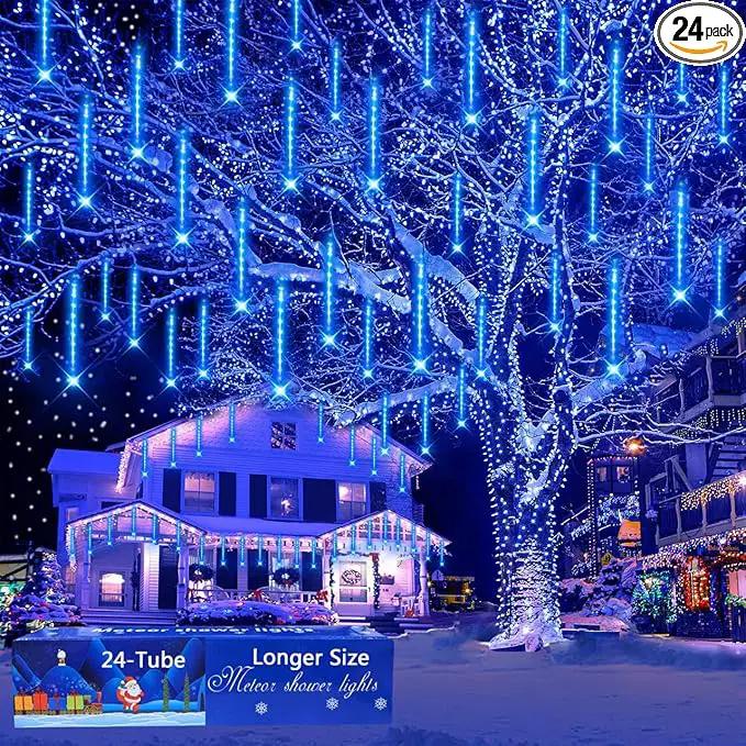 Outdoor Christmas Decorations, 24 Tubes(Equivalent to 3 Sets of 12Inch 8-Tubes) Meteor Shower Lights Snow Falling Icicle Christmas Lights Outdoor for House Tree Halloween Garden Decor, UL Plug, Blue by GreenHaven Gardens