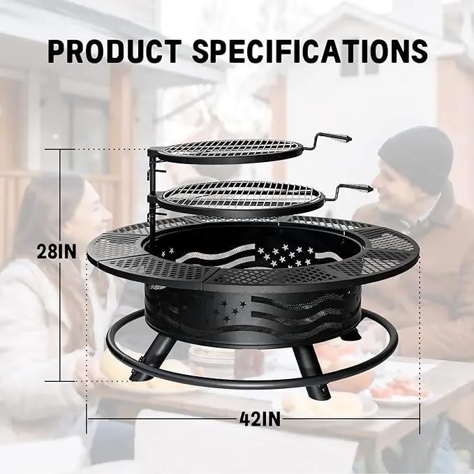 42 Inch Fire Pit with 2 Cooking Grates, Outdoor Wood Burning BBQ Grill Firepit Bowl with Cover Lid, Steel Round Table for Backyard Bonfire Patio Picnic (Black, 42) by GreenHaven Gardens