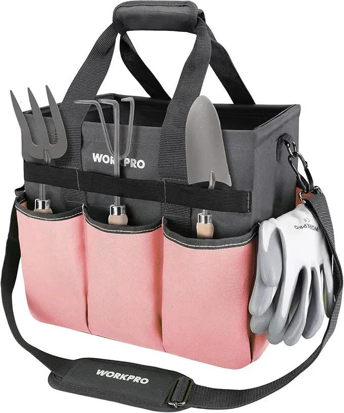 WORKPRO Garden Tool Bag, Heavy Duty Gardening Tote Bag Organizer with 10 Pockets and Long Adjustable Shoulder Strap, Standable Garden Home Tool Kits Organizer, Pink by GreenHaven Gardens