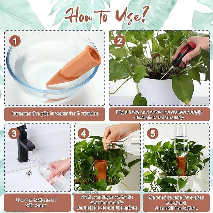 6 Sets Plant Watering Devices Include Terracotta Self Watering Spikes and 26 oz Plastic Bottles, Slow Release Vacation Insert Automatic Plant Waterer Device (Clear Green and Terracotta) by GreenHaven Gardens