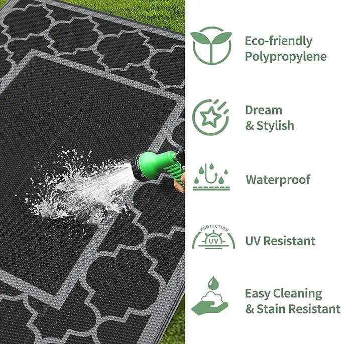 GENIMO Outdoor Rug 9' x 12' Waterproof for Patio Decor, Reversible Plastic Straw Area Rugs Mat for Camper, Outside Carpet for Camping, Rv, Deck, Porch, Picnic, Beach, Balcony, Black & Grey by GreenHaven Gardens